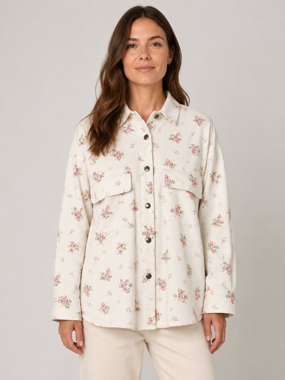 Easy Clothes Italy Floral Cotton Shacket One Size Cream Pink Rose Snap Jacket